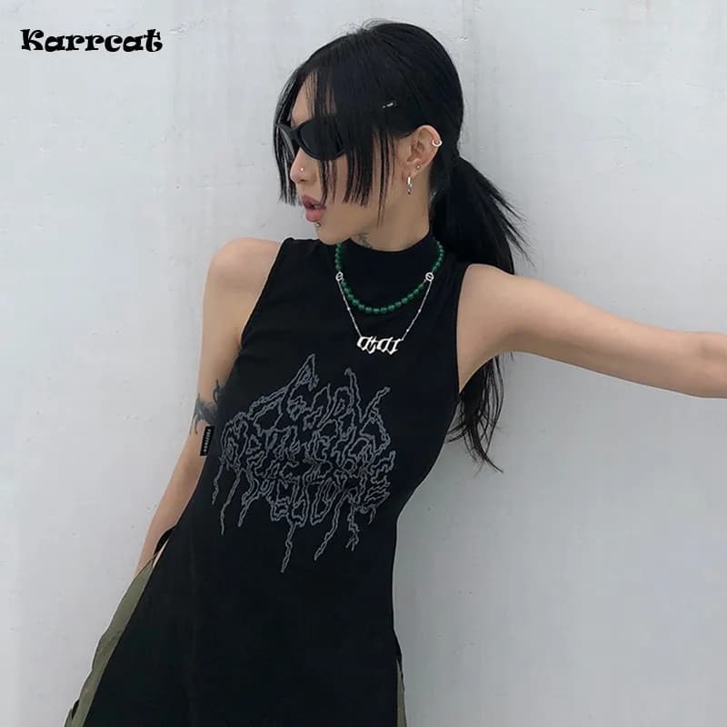Karrcat Yamamoto Style débardeur noir Grunge gothique col roulé hauts Cyber Y2k Chic vêtements de cr