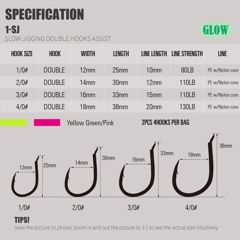 1-SJ – double assistance à gabarits lent avec crochets Mustad, hameçons de gabarits lumineux, hameço