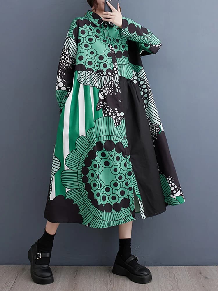Robes chemises à manches longues à imprimé vintage pour femmes, nouvelle robe midi décontractée ampl
