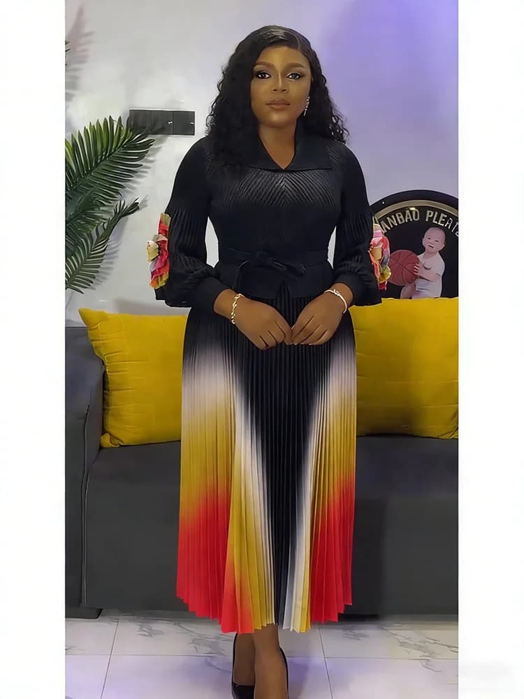EGRM – robe Miyaki à revers, manches lanternes, ceinture, taille amincissante, dégradé plissé, jupe 