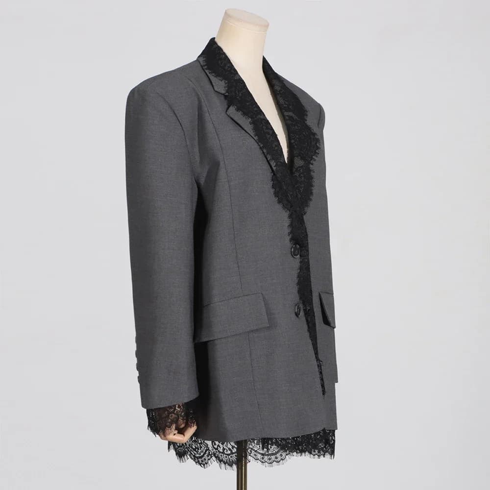 VGH-Blazer Chic en Dentelle Épissée pour Femme, Col Cranté, Manches sulf, Style de Vêtement Féminin