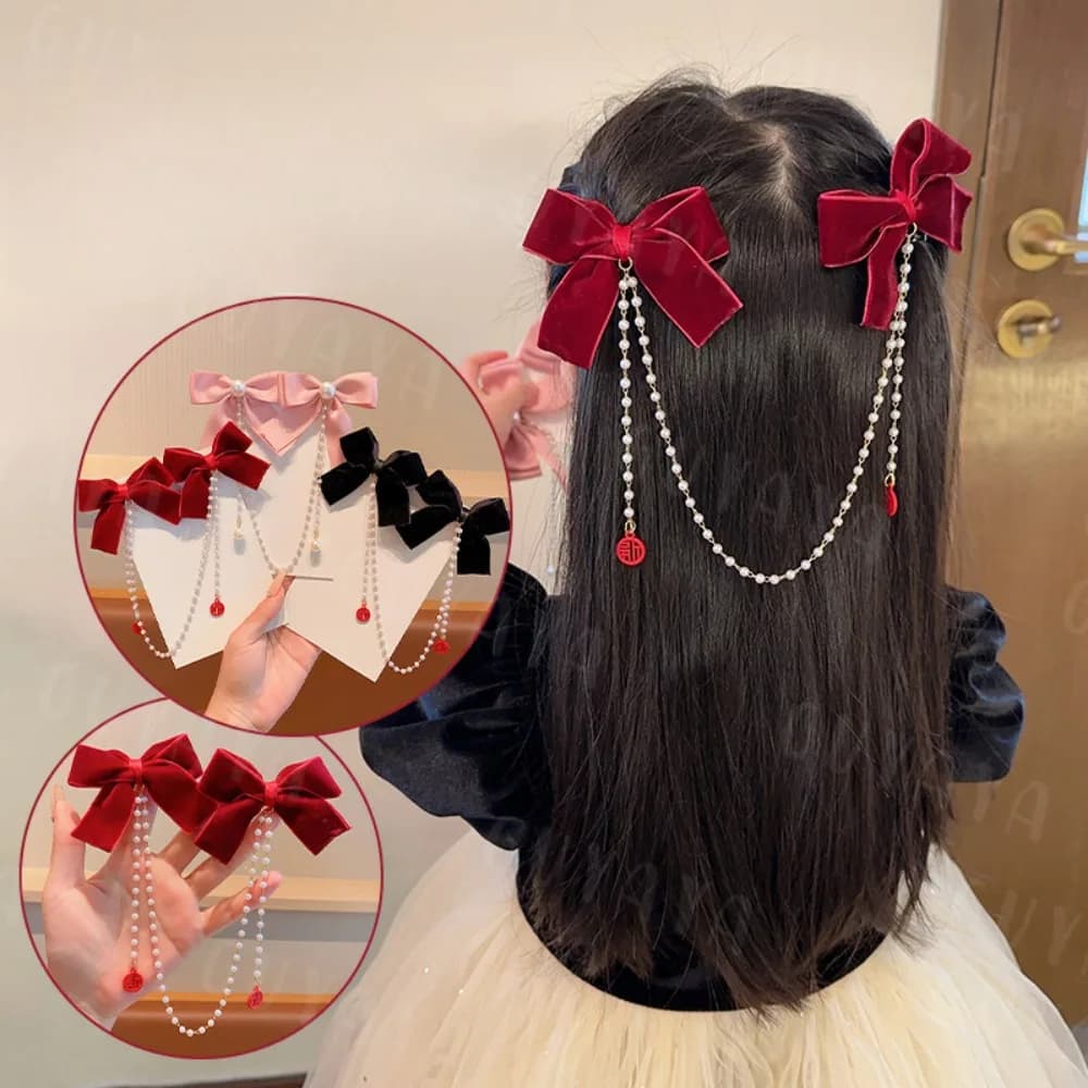 Pince à cheveux avec nœud en chaîne de perles roses, Style princesse doux, épingles à cheveux mignon