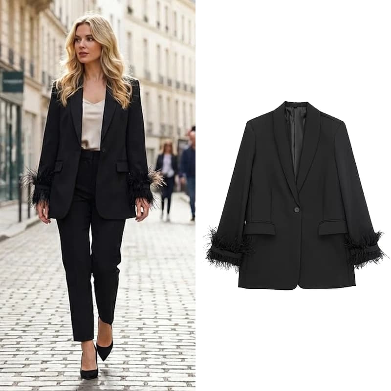 Willshela femmes mode Satin noir avec plume Blazer veste Vintage col cranté bouton unique manches lo