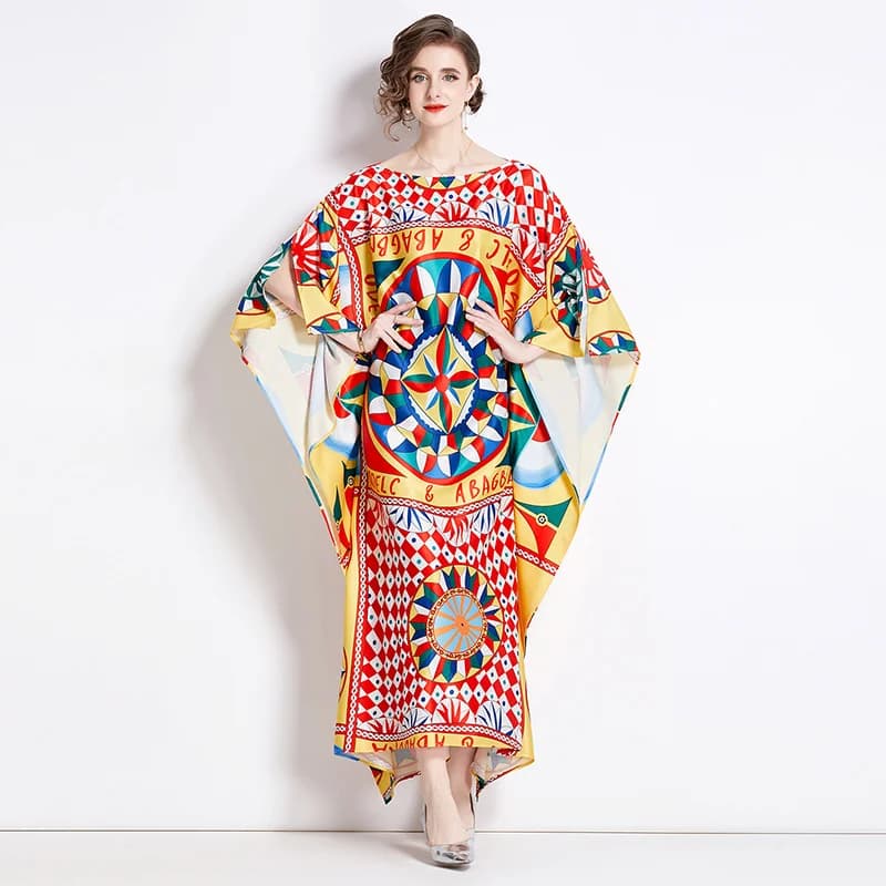 Robe bohème imprimée à motifs géométriques abstremberg pour femmes, robe maxi, col slash, manches ch
