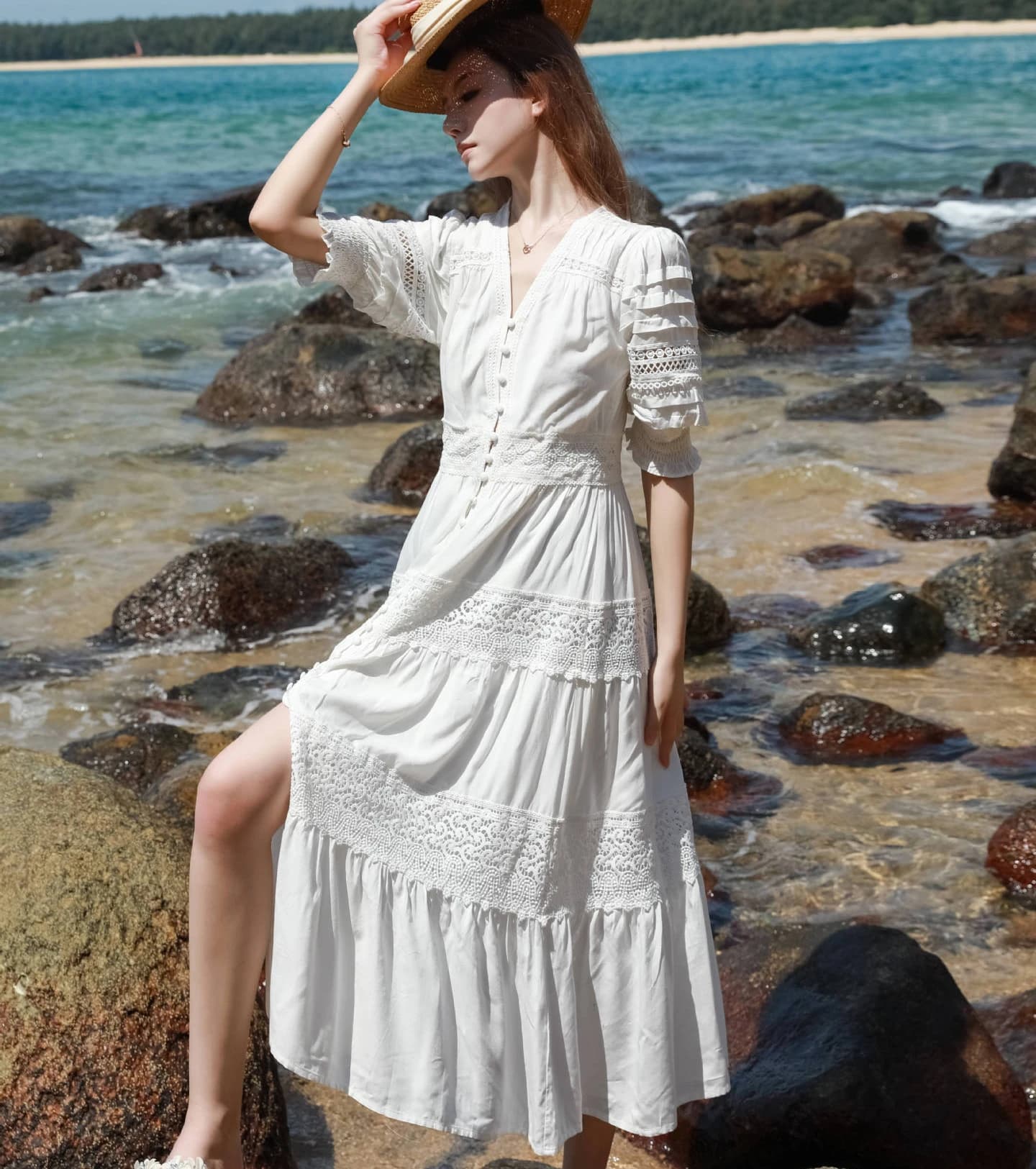 Robe longue en dentelle blanche 100% coton pour femmes, vintage, col en v, manches bouffantes, haute