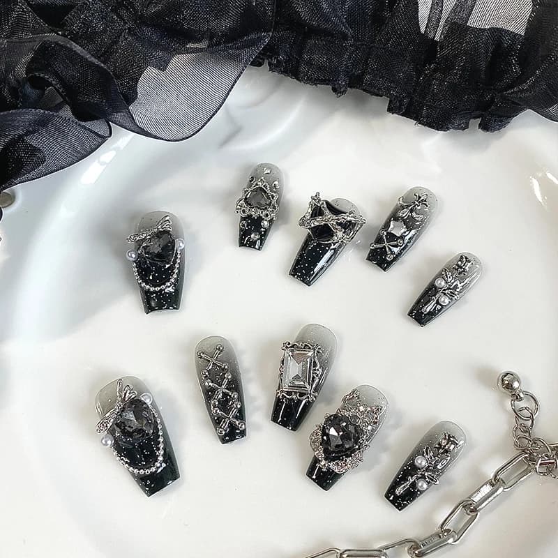 10 pièces d'ongles en forme de cercueil faits à la main, beaux faux ongles, nail art gothique foncé,