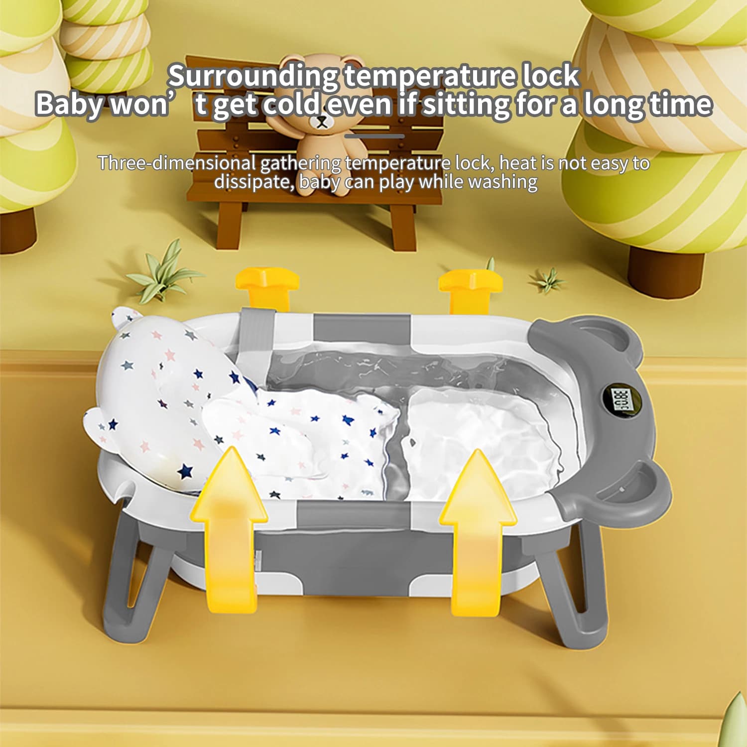 Baignoire pliable pour bébé avec thermomètre, tapis de bain antidérapant, coussin de soutien, baigno
