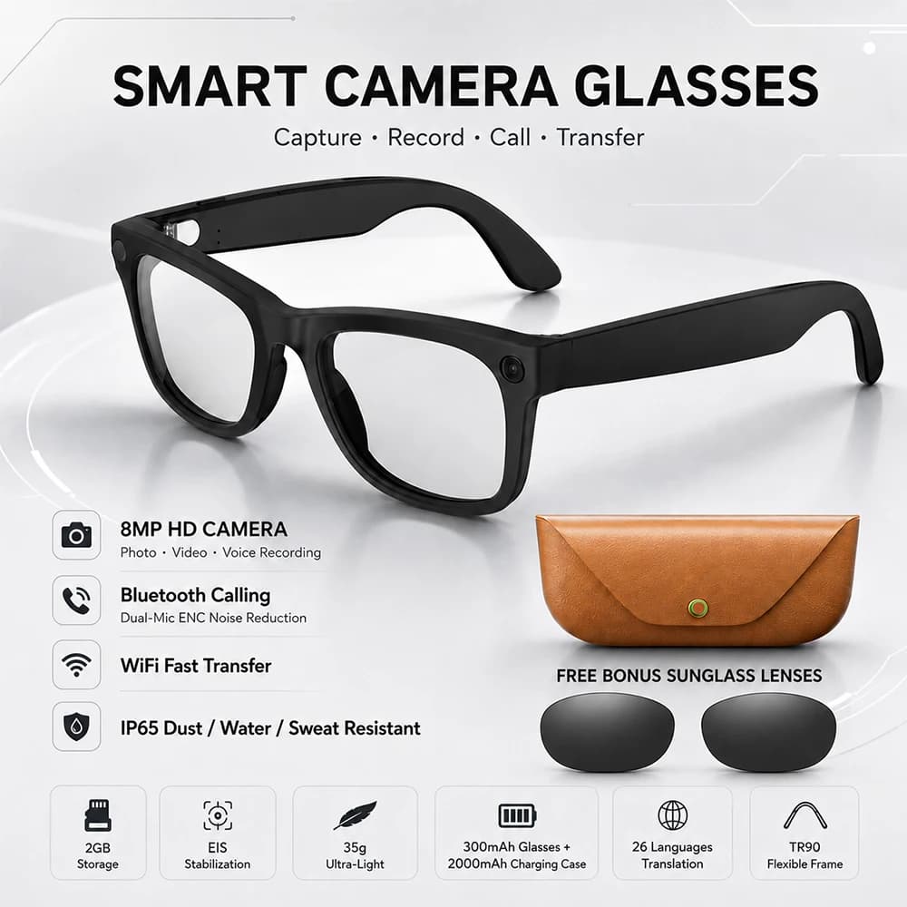 Nouvelles Lunettes Intelligentes IA 2026 avec Caméra HD 8MP, Traducteur IA, Audio Surround, Assistan