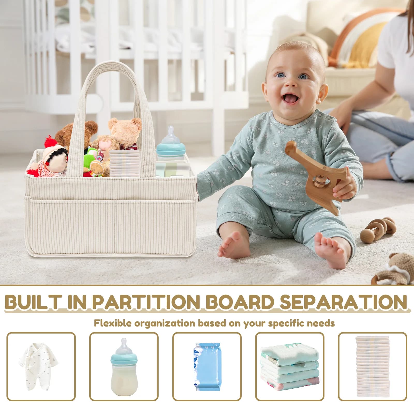 Organisateur de couches pour bébé en velours côtelé, panier de rangement pliable multi-poches avec p