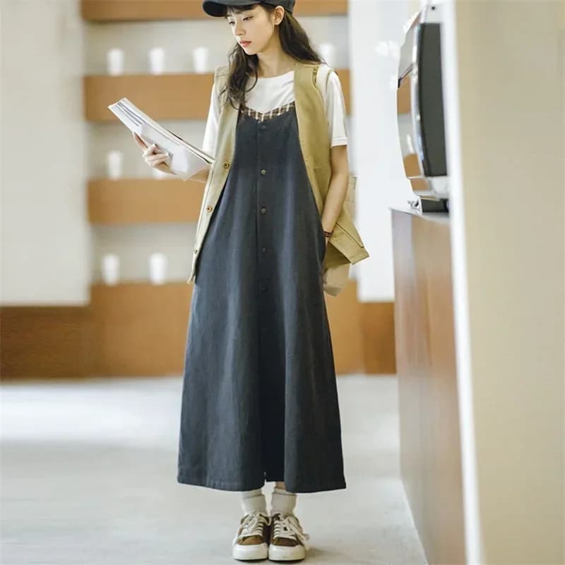 Maden-Robe à bretelles spaghetti à surpiqûres vintage japonaises pour femmes, robe longue sans manch