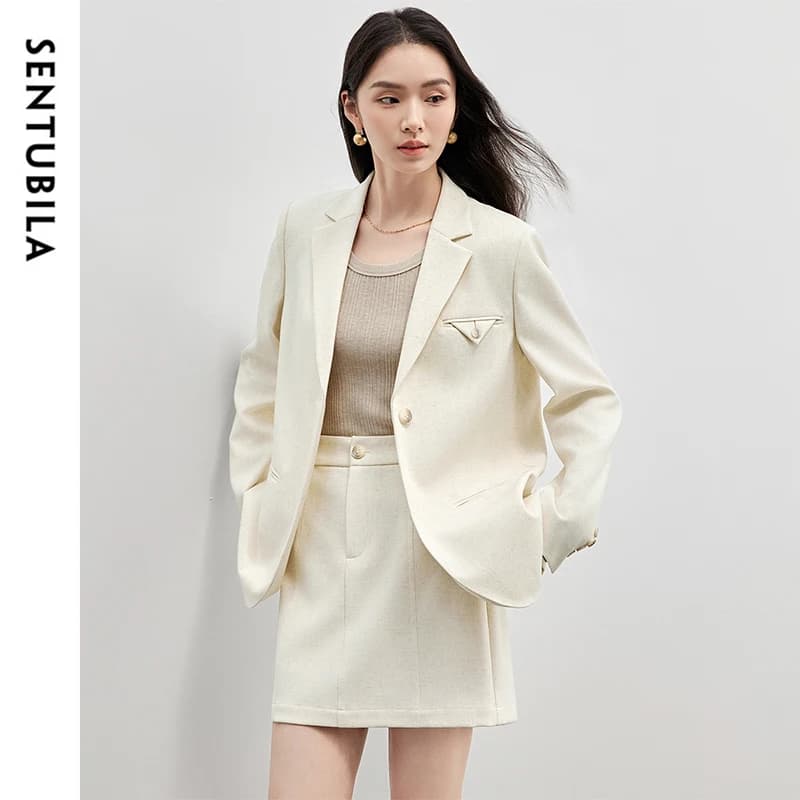 SENTUBILA femmes jupe costumes lin mélange épaulettes simple bouton Blazer solide élégant Mini jupes