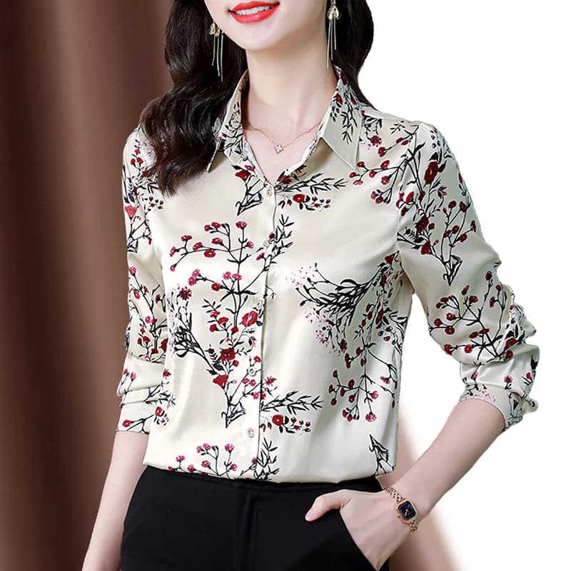 Chemise élégante en Satin de soie pour femmes, chemisier à manches longues, imprimé Floral, hauts de