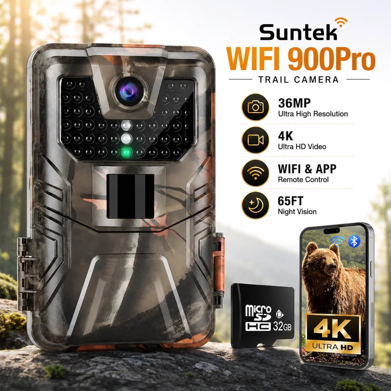 Caméra de chasse WiFi 4K 48MP Bluetooth avec vision nocturne, déclencheur 0,3s, activation par détec