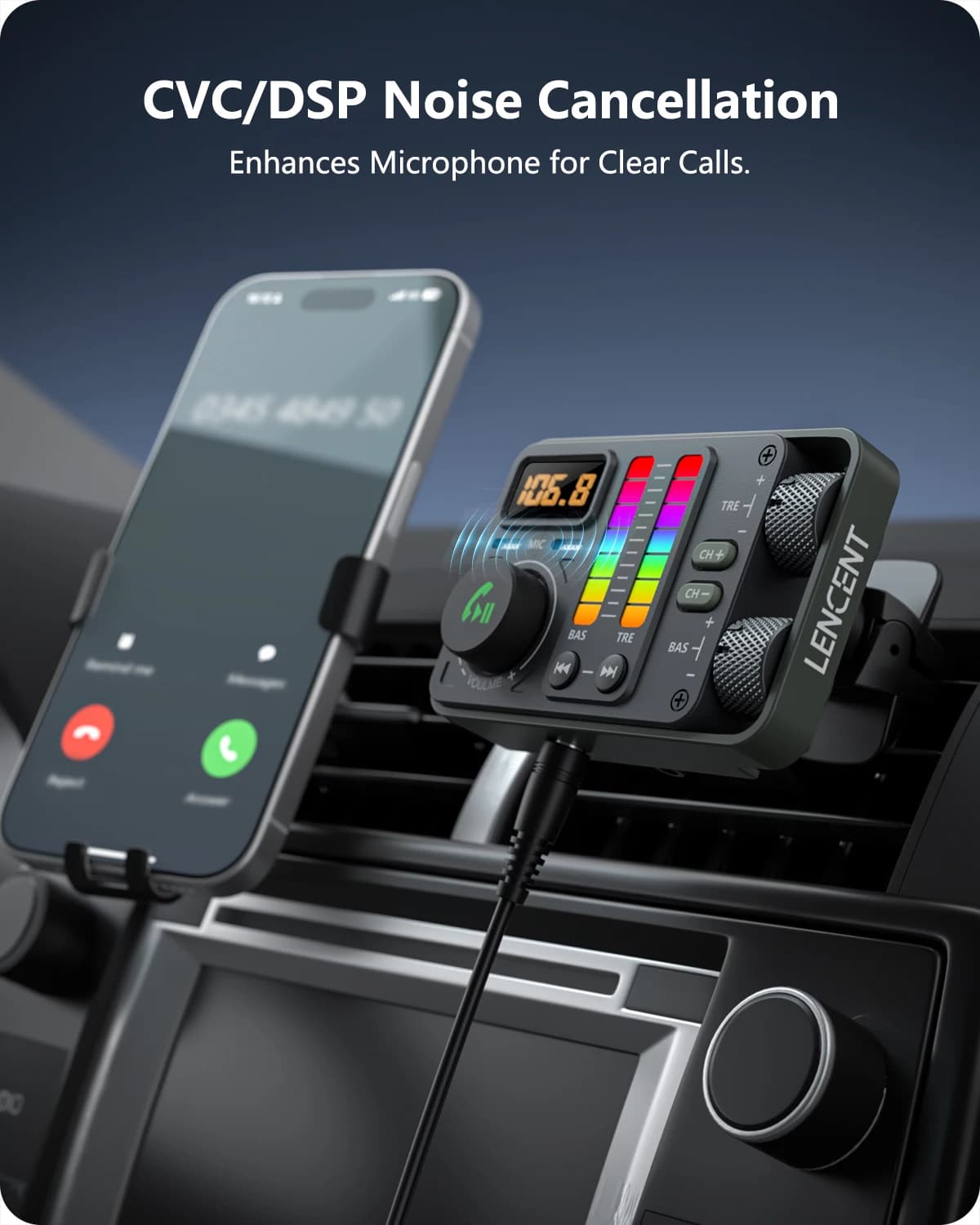 LENCENT Bluetooth 5.3 transmetteur FM de voiture, lecteur de musique haut-fi aigus et basses, charge