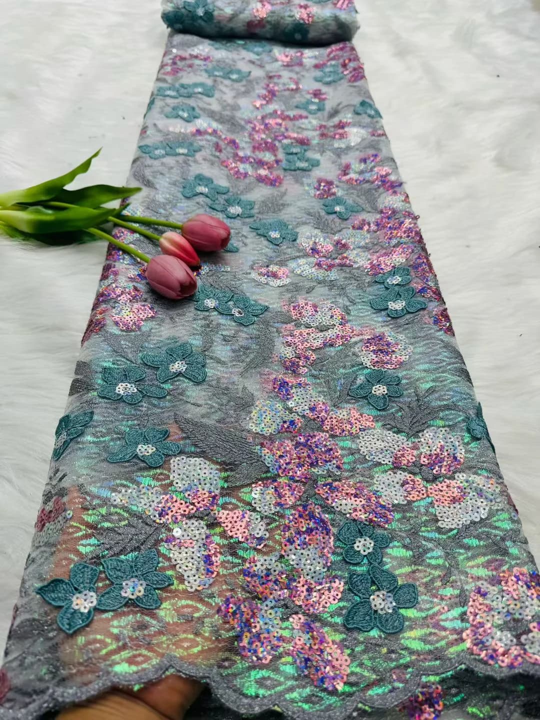Tissu africain en dentelle floquée à paillettes, tissu nigérian en maille française pour la couture 