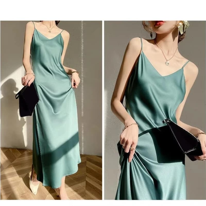 Robe longue en Satin Vintage pour femmes, tenue d'été Sexy, bretelles Spaghetti, Maxi, tenue de soir