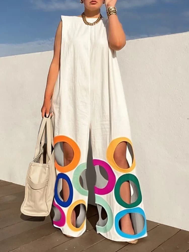 UOOZEE femmes été coloré cercle découpes évider combinaisons sans manches surdimensionné urbain déco