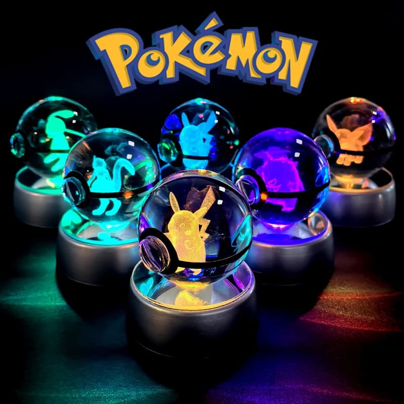 Boule de cristal Pokemon 3D Pikachu Mewtwo Mew Gengar, Base de lampe veilleuse, boule de verre Pokeb