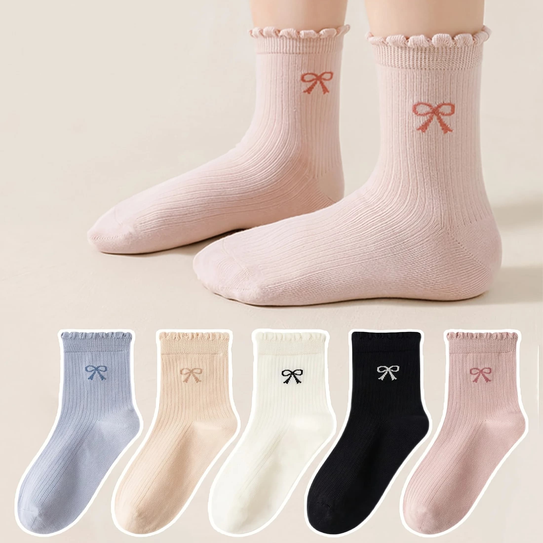 3 paires de chaussettes pour enfants de couleurs mélangées aléatoires avec motifs de nœuds en dentel