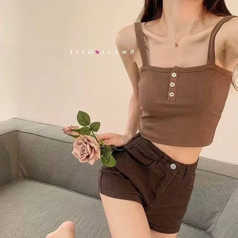 Short en denim taille haute pour femme, short marron, chic, surintendant ser, tout match, mince, sim
