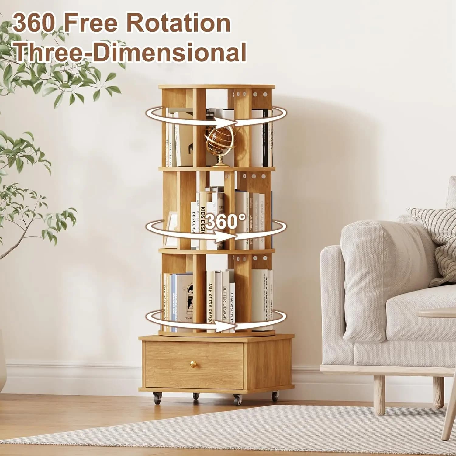 Étagère rotative à 3 niveaux avec tiroirs et roulettes, bibliothèque d'angle 360°, tour de rangement