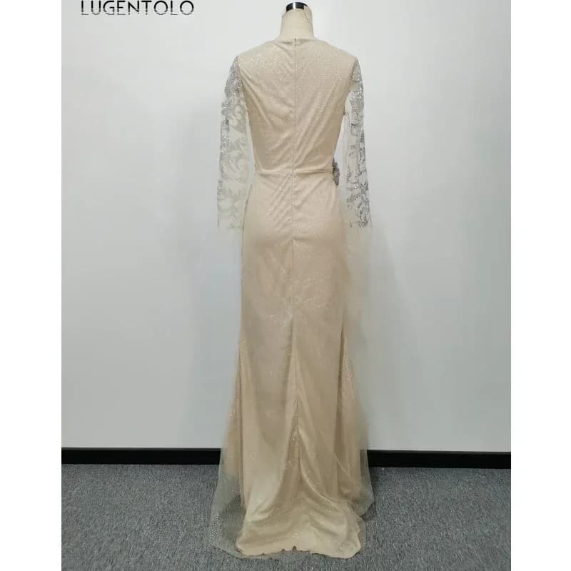 Lugentolo-Robe de soirée à paillettes pour femmes, nœud mince, manches longues, col rond, maille élé