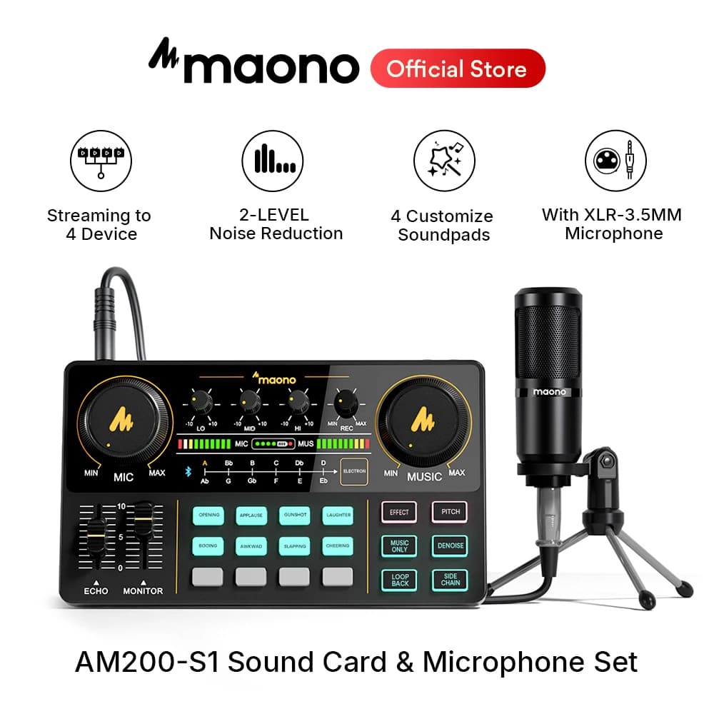 Ensemble carte son et microphone Maono AM200-S1, interface audio MaonoCaster avec micro à condensate