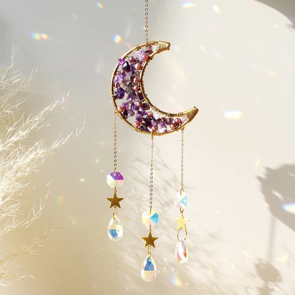 Améthyste Suncatcher lune cristal pierre précieuse Windchime Sun Catcher décor à la maison arc-en-ci