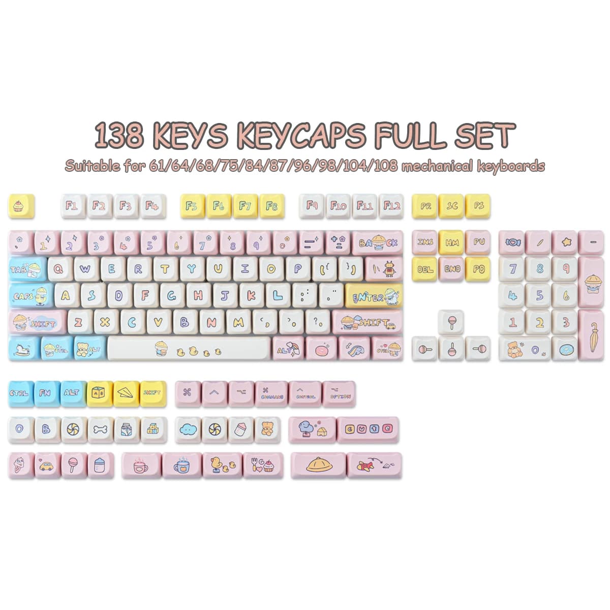 Capuchons de touches de maternelle, 138 touches, matériau PBT, profil MAO, DYE-SUB, personnalisés po