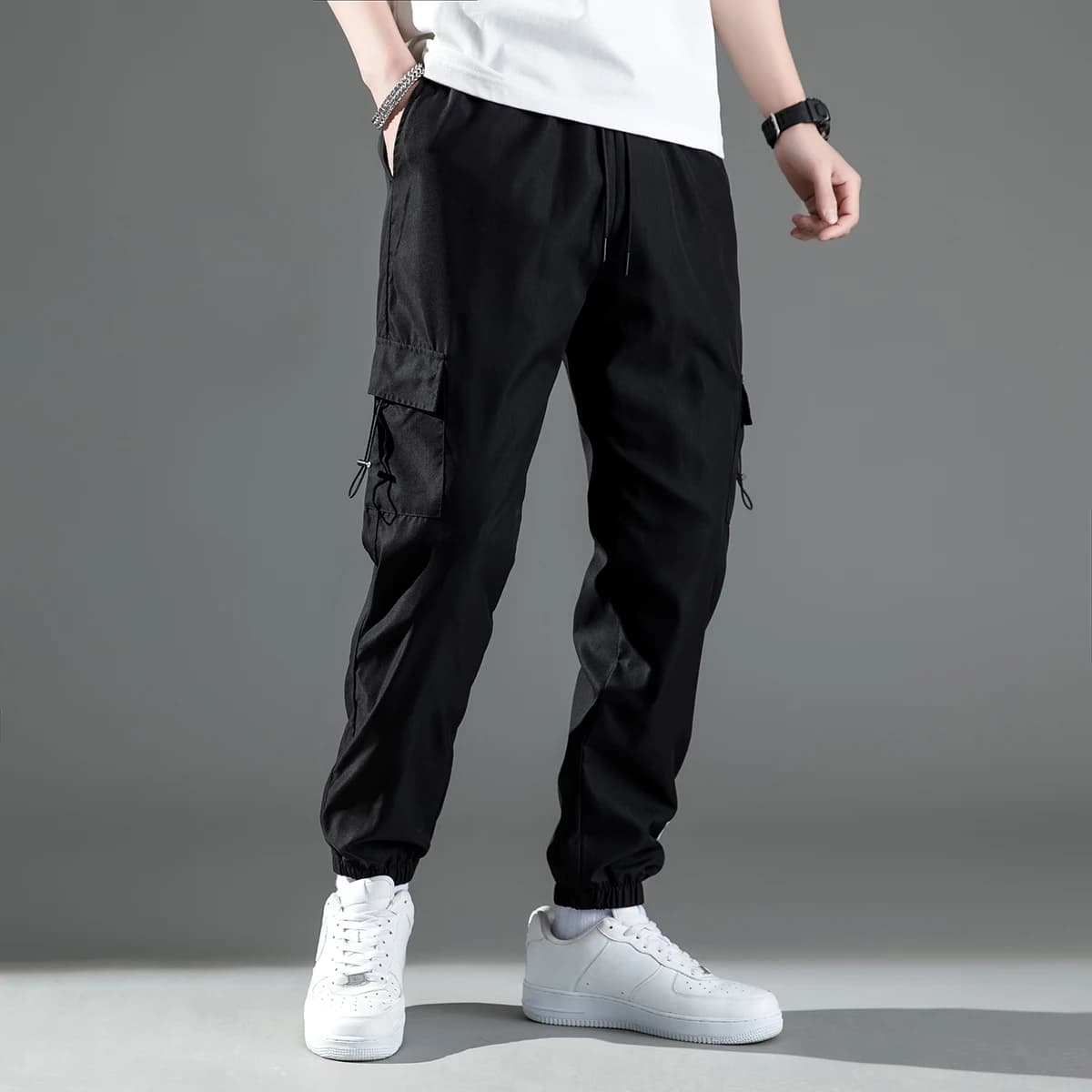 Mid Waist Stylish Drawstring Design Men Trouser Polyester Overalls Thermal for Dating Cargo Pants Po
