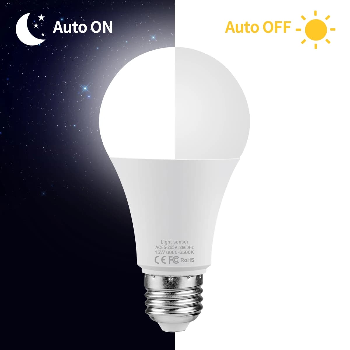 Ampoule LED E27 du crépuscule à l'aube, 15W, avec capteur de lumière, lampe intelligente, interrupte
