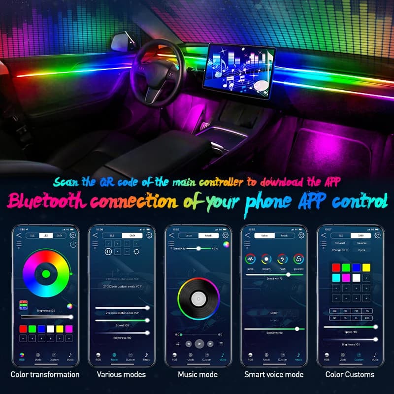 Lampes d'ambiance pour voiture 18 en 1, éclairage LED RGB 64 couleurs, bande acrylique cachée univer