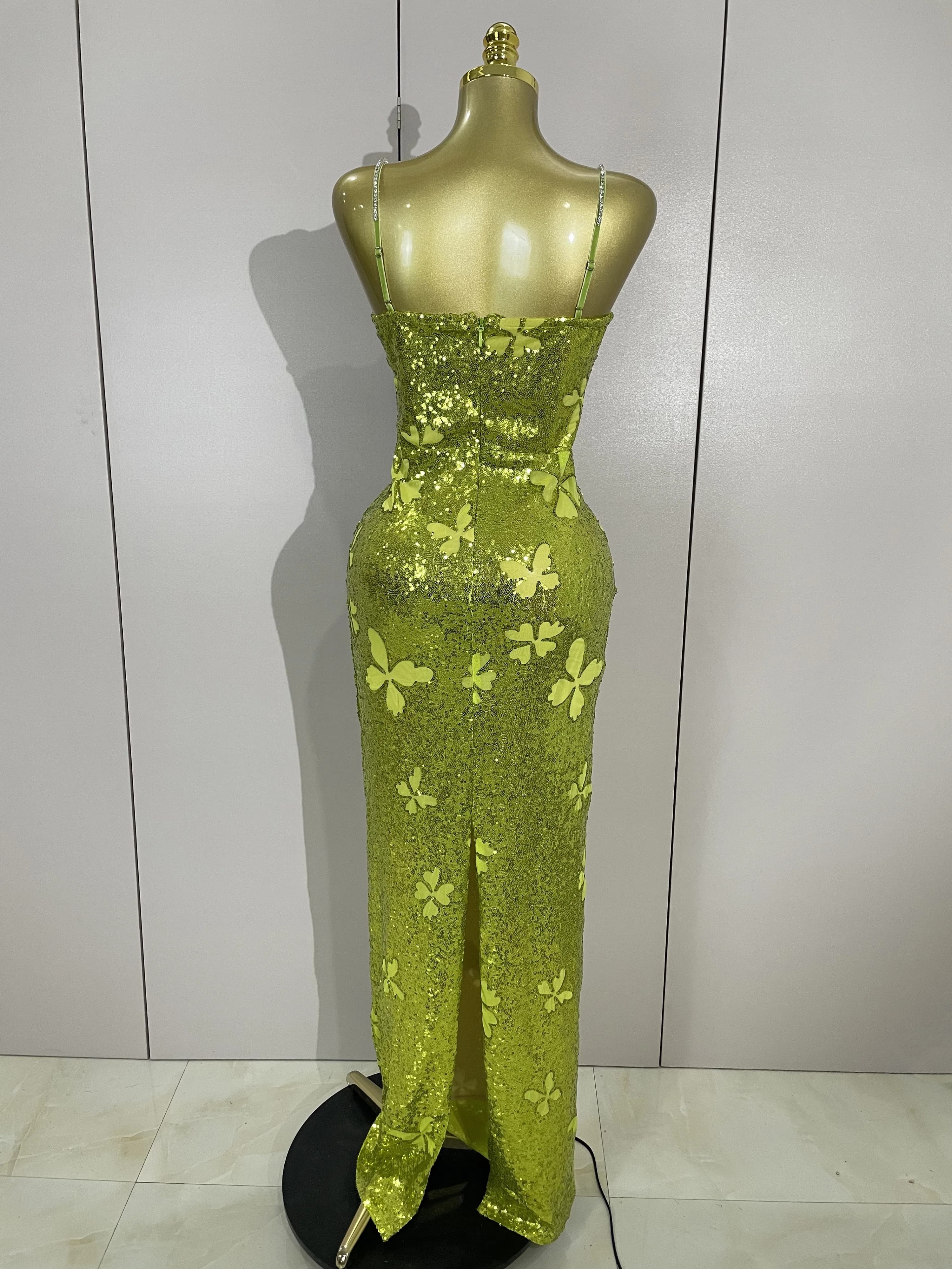 Élégant brillant papillon cristal Sexy licou vert moulante longue robe femmes célébrer soirée fête d
