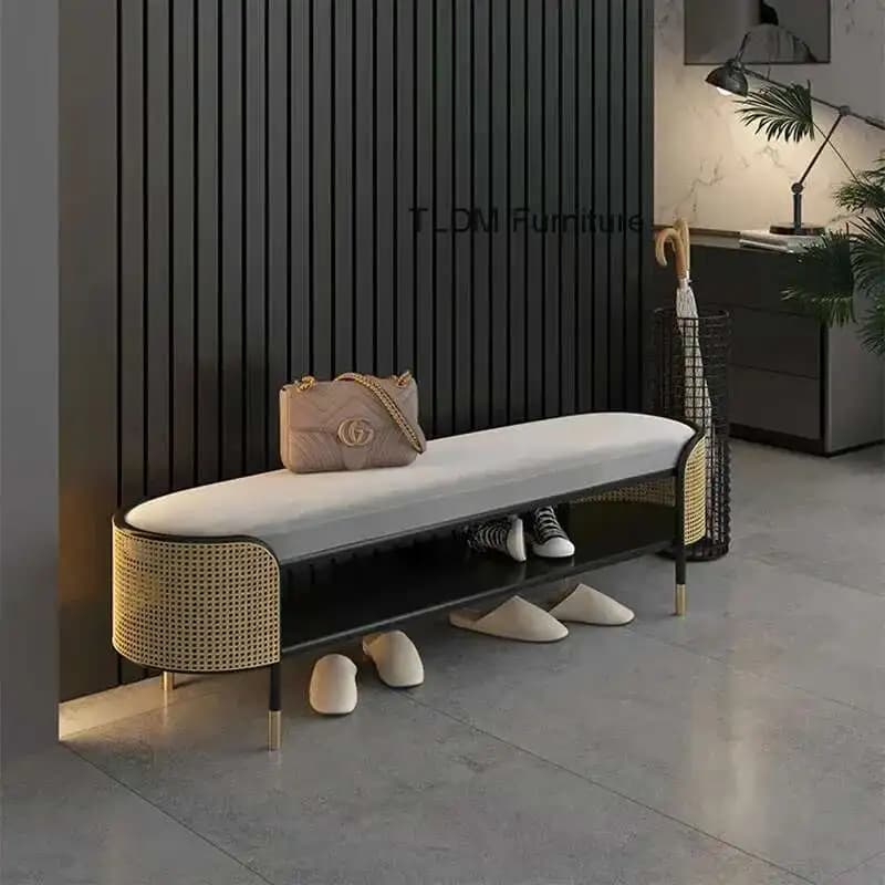 Pouf moderne Simple pour Hall d'entrée, Long creux avec coussin, tabourets légers de luxe en métal, 