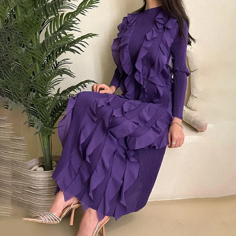 Ata Yake-Robe plissée à col rond pour femme, manches longues, volants épissés, vêtements de soirée, 