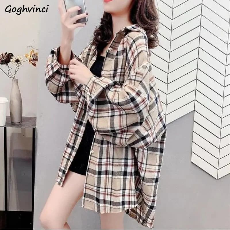 Tunique à manches longues pour femmes, chemises à carreaux, décontracté, 3XL, adt, vintage, Harajuku