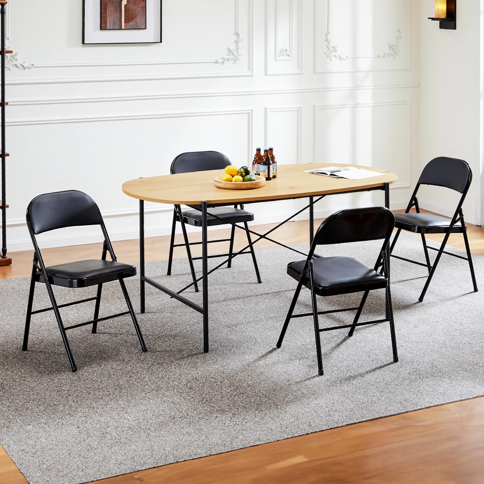 JIAN-Lot de 4 chaises pliantes rembourrées en cuir, en métal robuste, facile à utiliser, rangement, 
