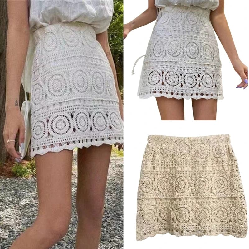Mini jupe ajourée en tricot pour femmes, modèle géométrique Boho, taille haute, vacances à la plage,