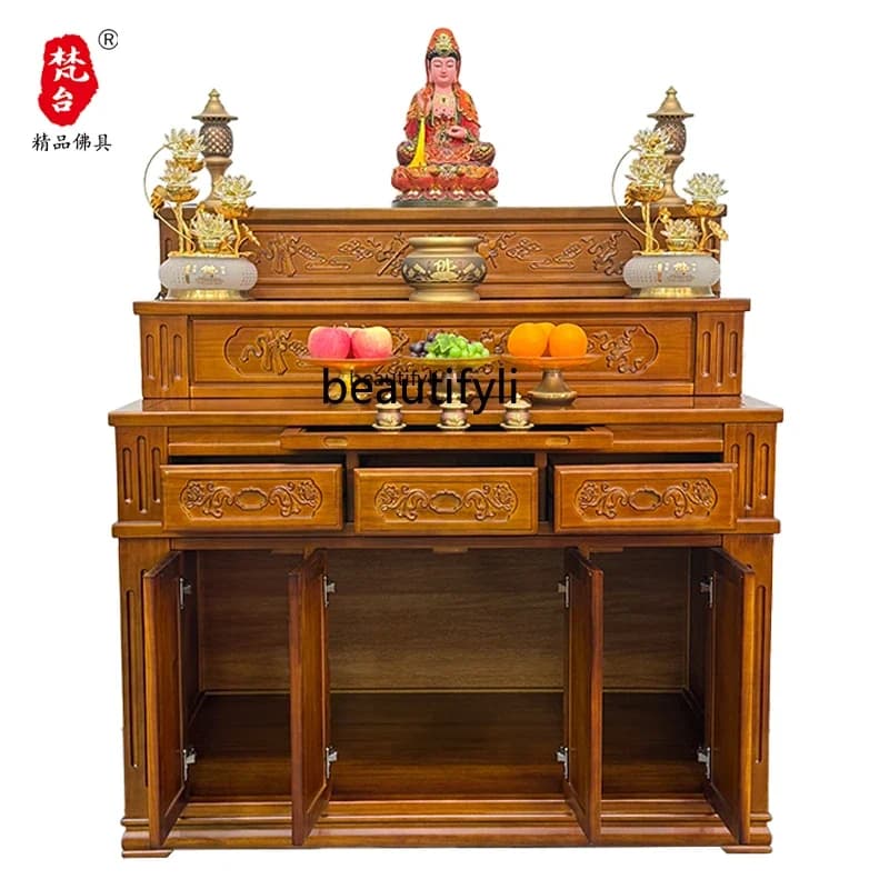 Table de offrant à trois couches, étui d'encens à plate-forme bouddhiste, statue de bouddha Guanyin 