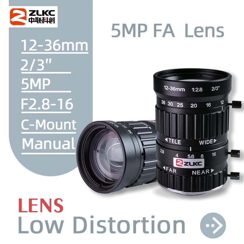 Objectif CCTV ZLKC 12-36 mm Varifocal 2/3 pouces, 5 mégapixels, ouverture F2.8, monture C, faible di
