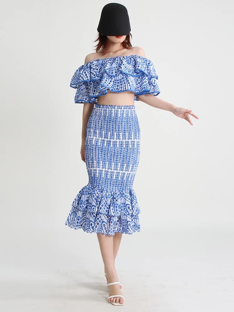 TWOTWurea-Ensemble deux pièces YLE pour femme, jupe mi-longue taille haute, col oblique, court, mode