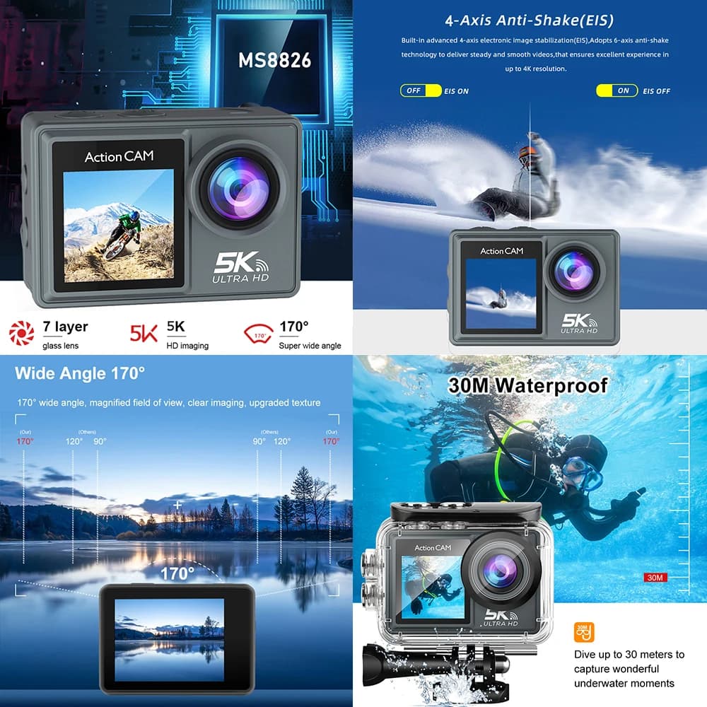 Caméra d'action 5K 4K60FPS double IPS tactile LCD DVR EIS 170 °   Caméra de sport étanche 30M, zoom 