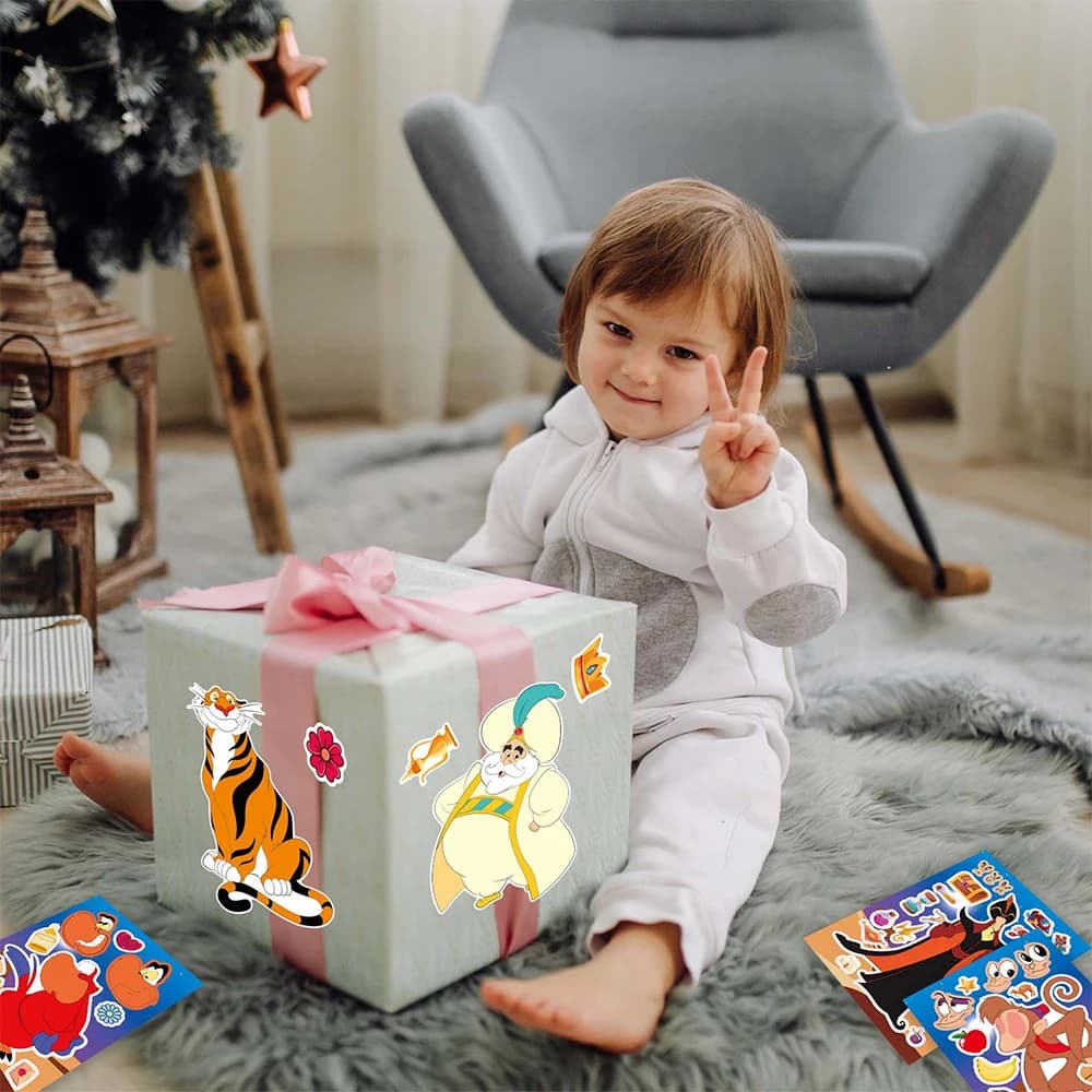 Autocollants de puzzle Disney Anime Aladdin pour enfants, faire un visage drôle, assembler des décal