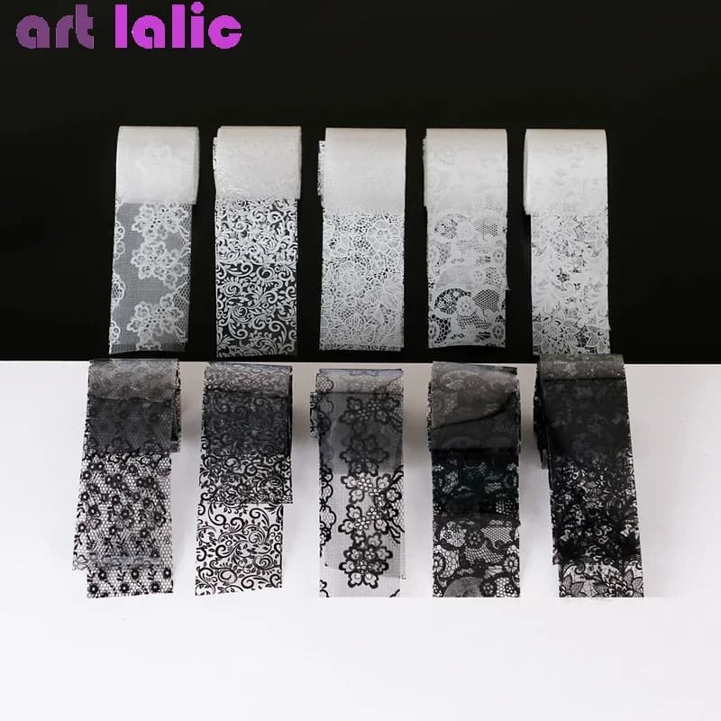 Feuille de transfert de dentelle noire et blanche, 10 rouleaux de 2.5x60cm, pour Nail Art, enveloppe