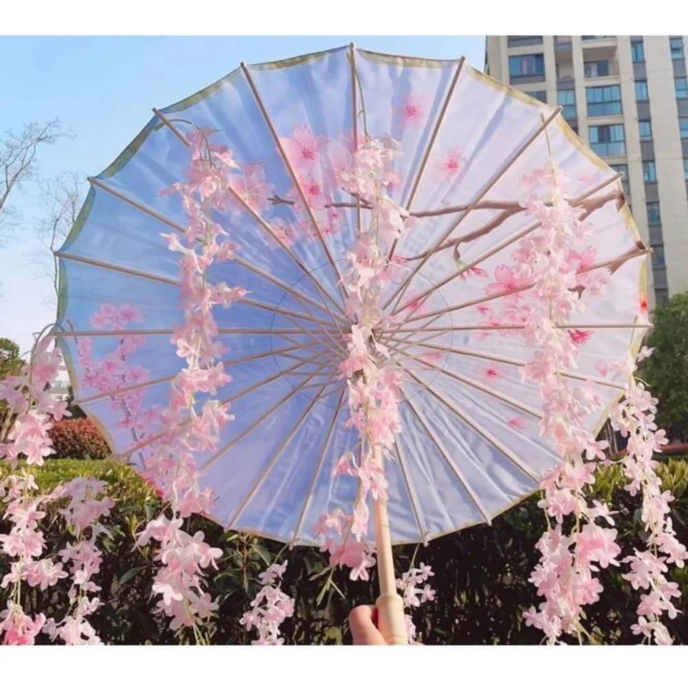 82CM 32 ''bleu ciel Hanfu Parasol fleurs imperméable voiture parapluie danse Cosplay japon Sakura pr