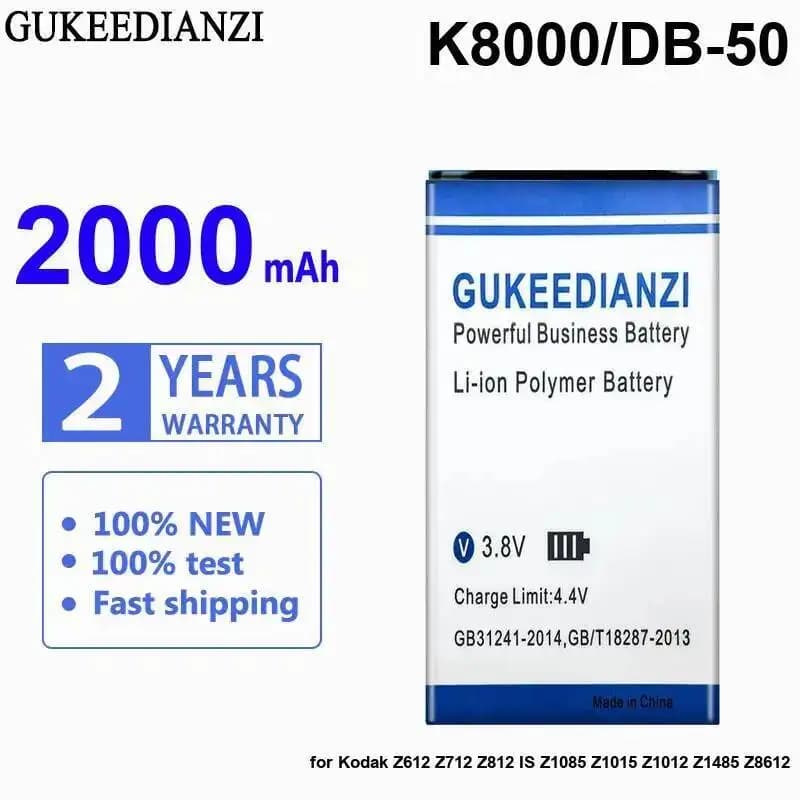 Batterie de caméra K8000 DB-50 2000Mah pour Kodak Z612 Z712 Z812 IS Z1085 Z1015 Z1012 Z1485 Z8612
