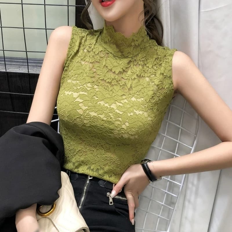 Haut ajusté en dentelle à col roulé pour femmes, tunique sexy, t-shirts pour femmes, bas précieux