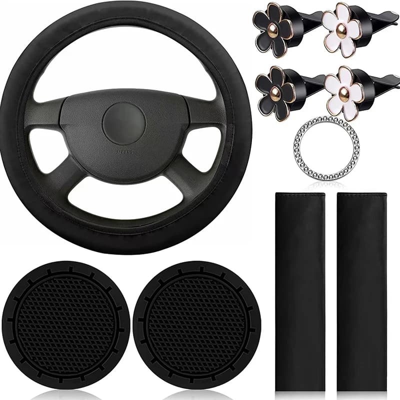 Housse de volant en cuir pour femmes, 10 pièces, ensemble d'accessoires de voiture mignons avec cein
