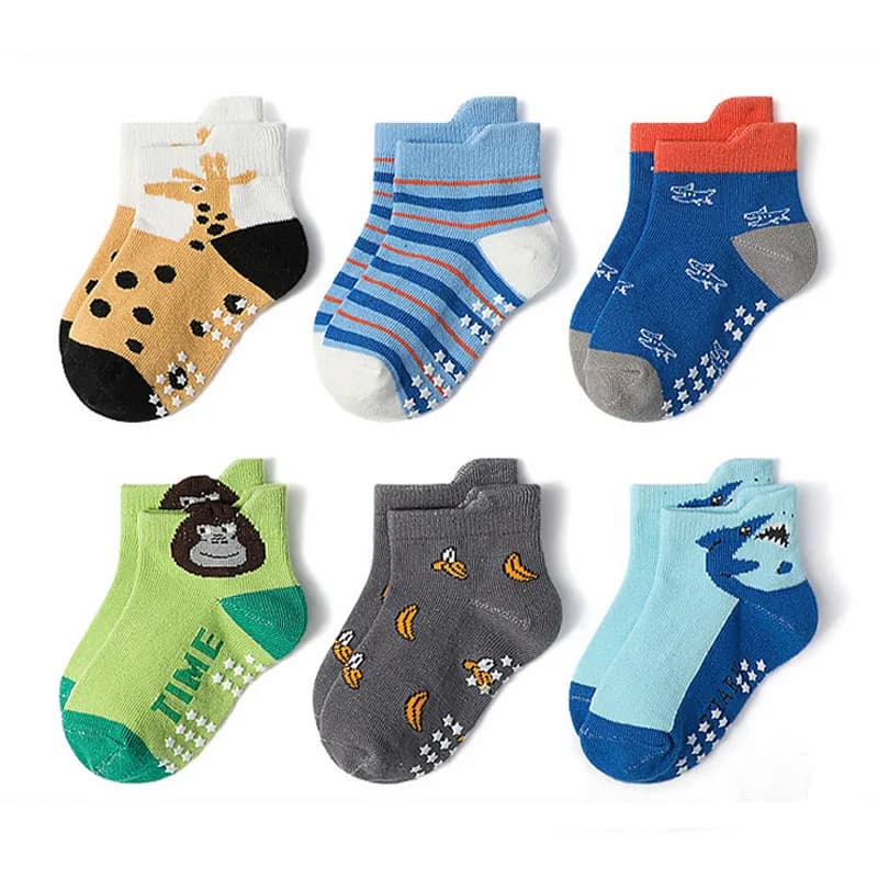 6 paires de chaussettes pour enfants, chaussettes de sol antidérapantes en coton à motif d'animaux d