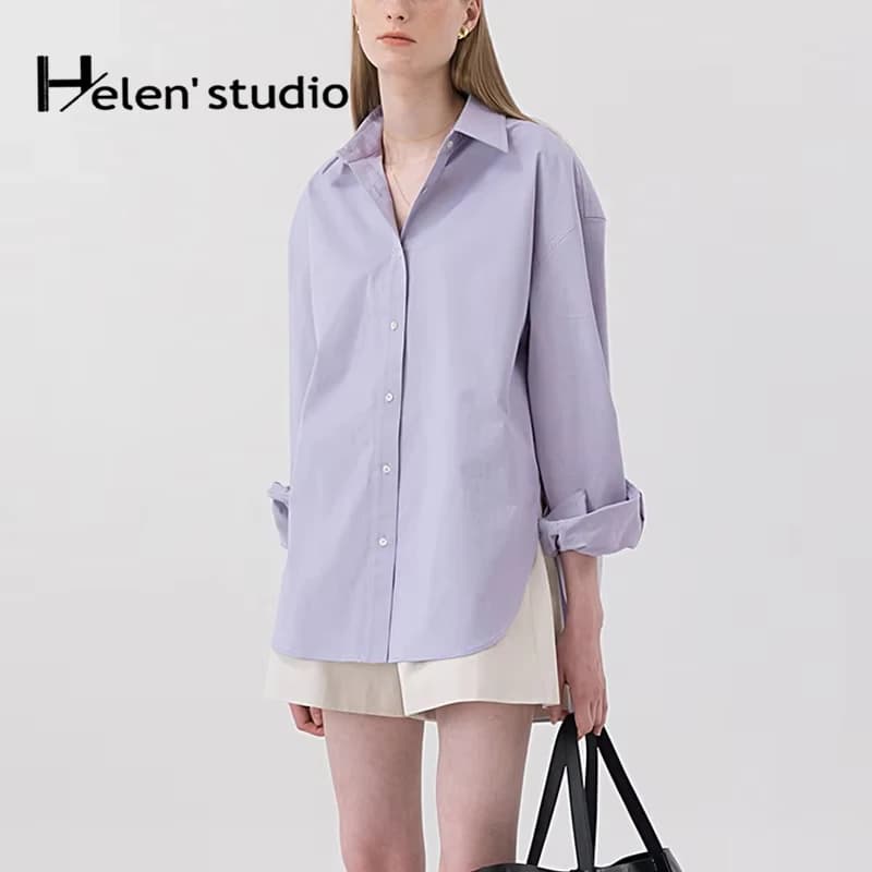 Chemise ample 100% coton pour femme, élégante et décontractée, col rabattu, manches longues